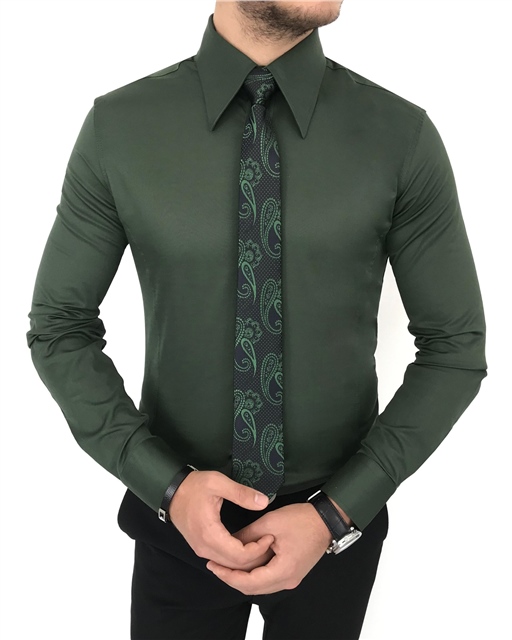 italyan stil slim fit sivri yaka saten erkek gömlek Yeşil T7209