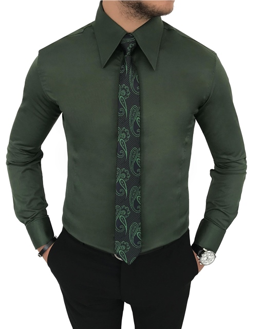 italyan stil slim fit sivri yaka saten erkek gömlek Yeşil T7209