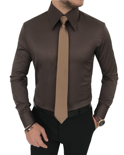 italyan stil slim fit sivri yaka saten erkek gömlek Kahverengi T7211