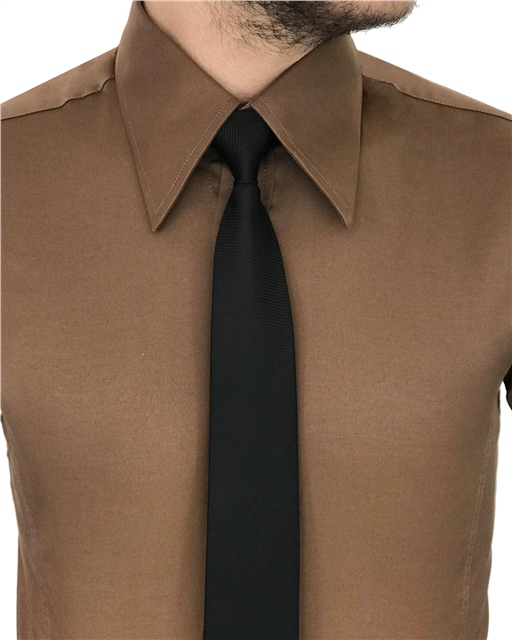 italyan stil slim fit sivri yaka saten erkek gömlek Açık Kahve T7210