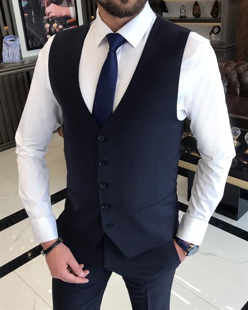 Italian style slim fit woolen jacket vest pant suit navy blue T9371