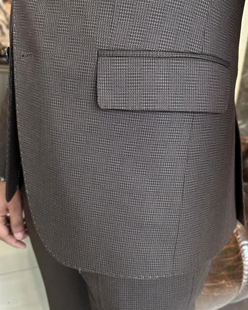 Italian style slim fit wool blended jacket vest pant suit brown T9855