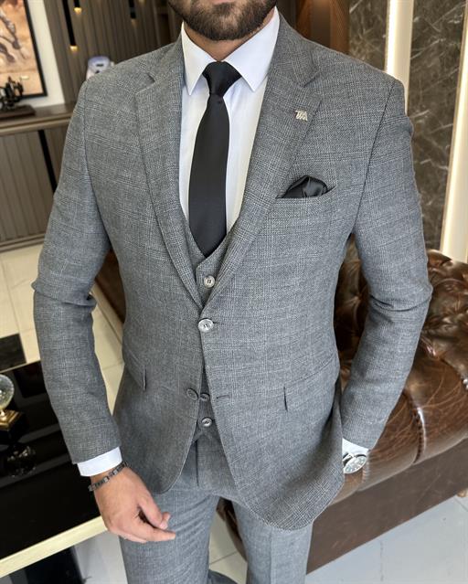 Italian style slim fit wool blended jacket vest pant suit gray T9864