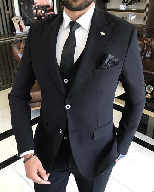 İtalyan stil slim fit yün karışımlı ceket yelek pantolon takım elbise siyah T9850