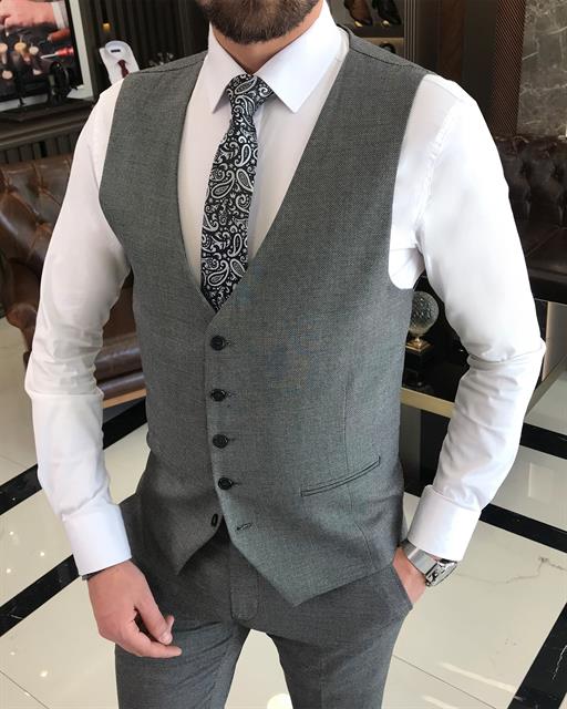 Italian style slim fit wool blended jacket vest pant suit black T9363