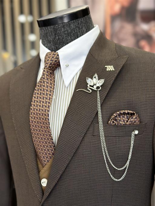 İtalyan stil slim fit yün karışımlı ceket yelek pantolon takım elbise kahverengi T9855