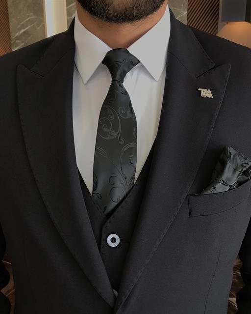 İtalyan stil slim fit yün karışımlı ceket yelek pantolon takım elbise siyah T9850