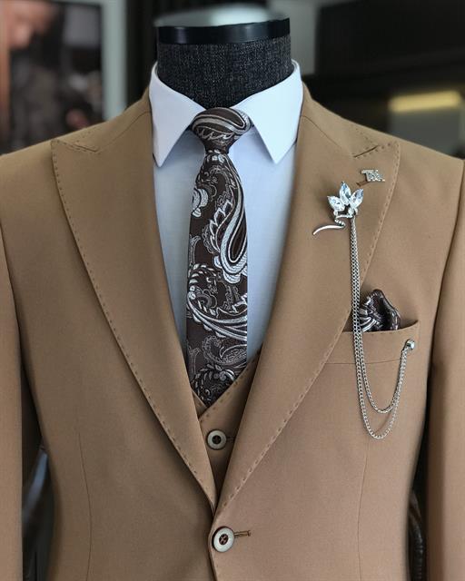  Italian style slim fit wool blended jacket vest pant suit camel T9852