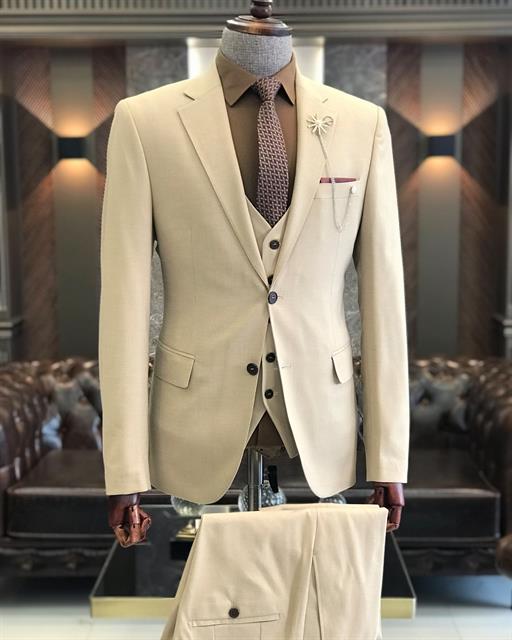 İtalyan stil slim fit yün karışımlı ceket yelek pantolon takım elbise bej T9362