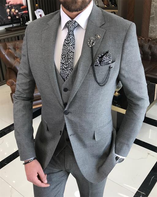 Italian style slim fit wool blended jacket vest pant suit black T9363