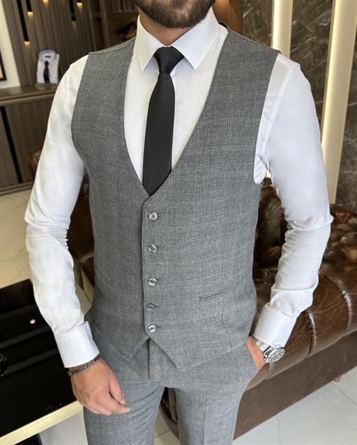 Italian style slim fit wool blended jacket vest pant suit gray T9864