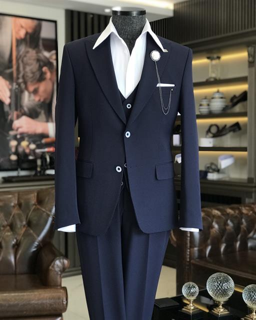 İtalyan stil slim fit yün karışımlı ceket yelek pantolon takım elbise lacivert T9851