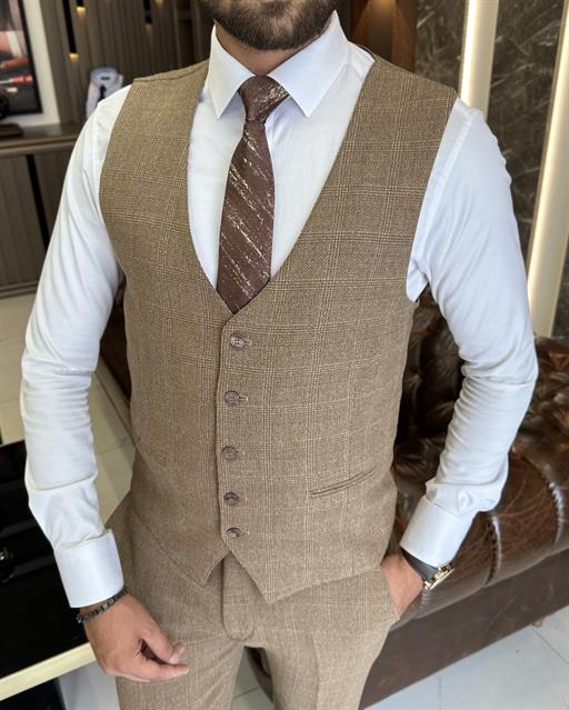 Italian style slim fit wool blended jacket vest pant suit camel T9863