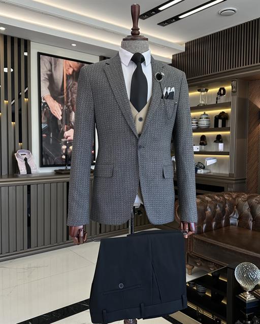 İtalyan stil slim fit yün karışımlı ceket yelek pantolon takım elbise gri T9860