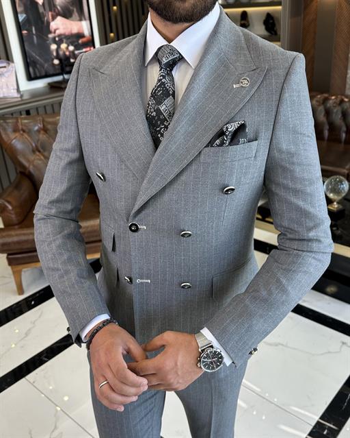 İtalyan stil slim fit yün karışımlı çizgili kruvaze ceket pantolon takım elbise gri T9891
