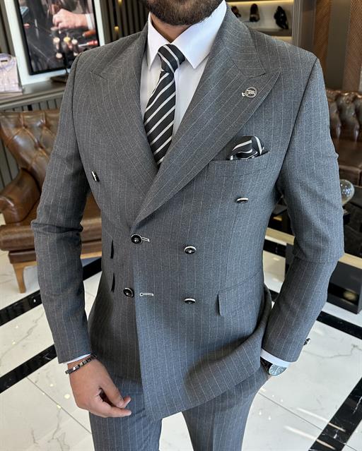 İtalyan stil slim fit yün karışımlı çizgili kruvaze ceket pantolon takım elbise antrasit T9889