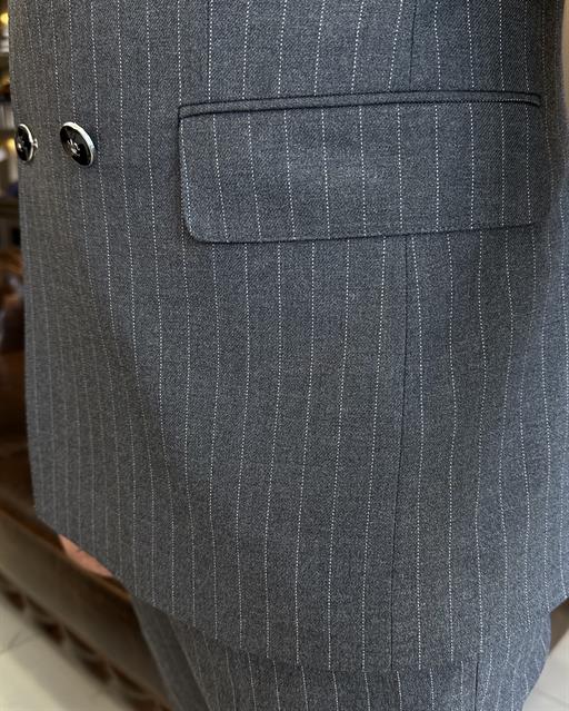 İtalyan stil slim fit yün karışımlı çizgili kruvaze ceket pantolon takım elbise antrasit T9889