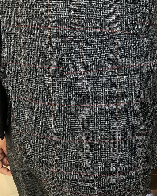 İtalyan stil slim fit yün karışımlı ekose ceket yelek pantolon takım elbise lacivert T9847