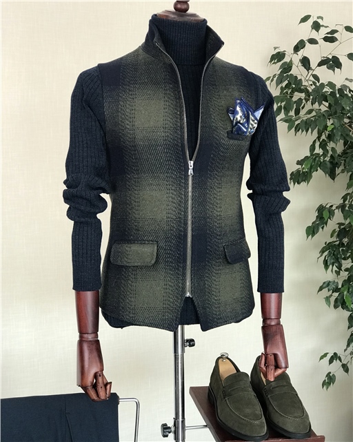 İtalyan stil slim fit yün karışımlı fermuarlı cepken yelek Yeşil T8418