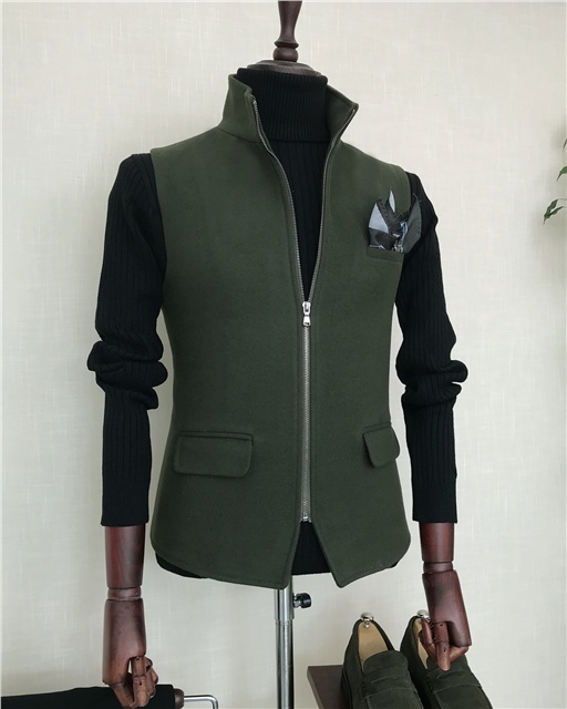 İtalyan stil slim fit yün karışımlı fermuarlı cepken yelek Yeşil T8416
