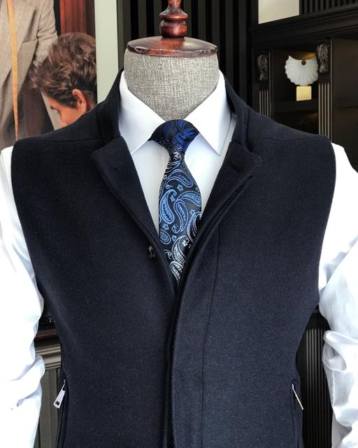 Italian Style Slim Fit Wool Mixture Judge Collar Waistcoat Navy Blue T8340
