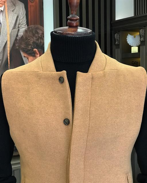 Italian Style Slim Fit Wool Mixed Judge Collar Waistcoat Camel T8337