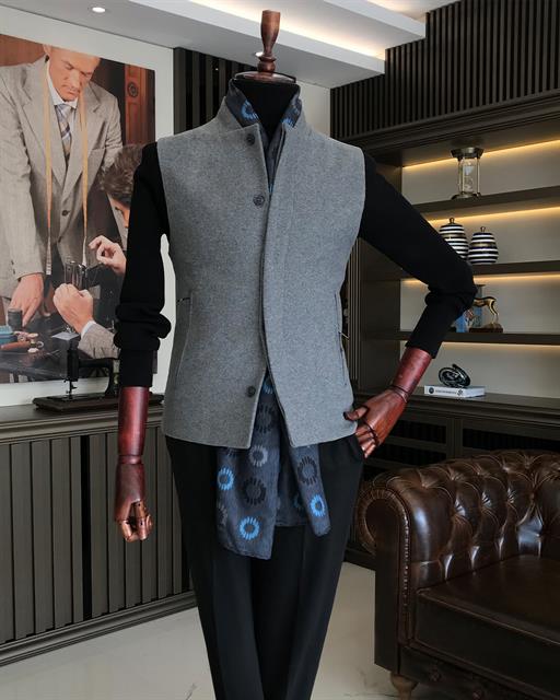 Italian Style Slim Fit Wool Mixed Judge Collar Waistcoat Gray T8342