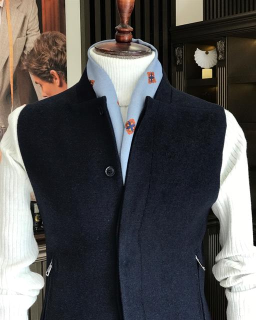 Italian Style Slim Fit Wool Mixture Judge Collar Waistcoat Navy Blue T8341