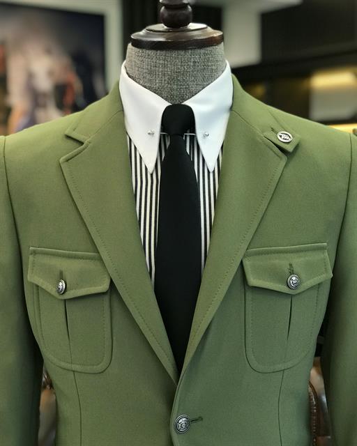 italyan stil slim fit yün karışımlı likralı safari ceket pantolon takım elbise yeşil T9578