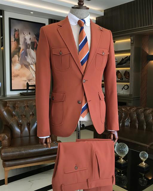 italyan stil slim fit yün karışımlı likralı safari ceket pantolon takım elbise kiremit T9577