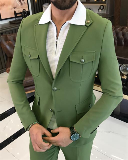italyan stil slim fit yün karışımlı likralı safari ceket pantolon takım elbise yeşil T9578