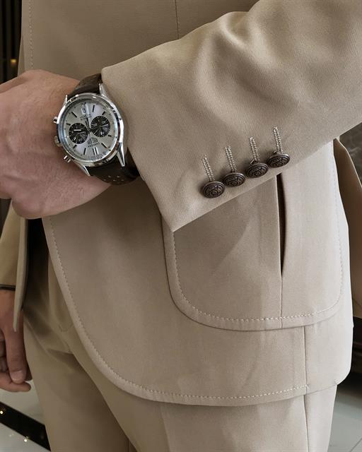 italyan stil slim fit yün karışımlı likralı safari ceket pantolon takım elbise bej T9579
