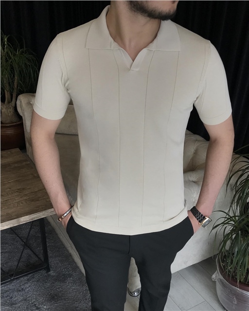 İtalyan stil slim fitpolo yaka kısa kollu triko tişört Bej T7398