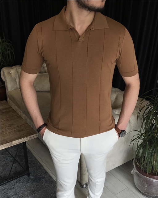 İtalyan stil slim fitpolo yaka kısa kollu triko tişört Kahverengi T7397