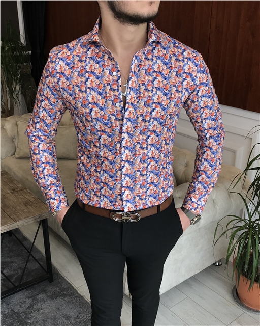 İtalyan yaka slim fit erkek desenli pamuk gömlek Çok Renkli T6865