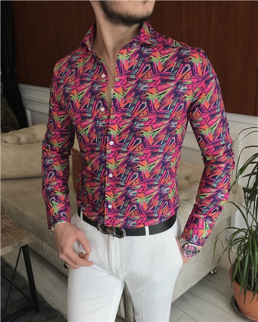 İtalyan yaka slim fit erkek desenli pamuk gömlek Pembe T6866