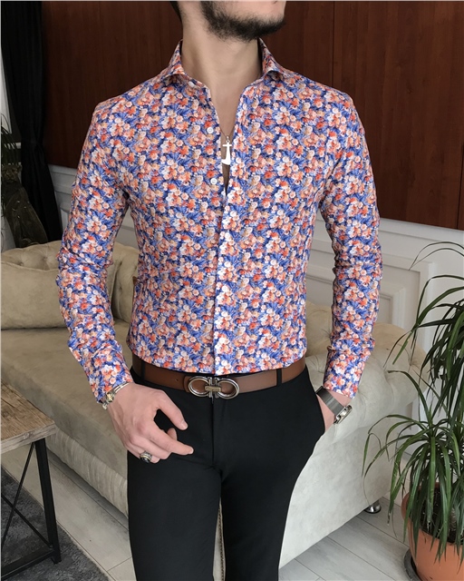 İtalyan yaka slim fit erkek desenli pamuk gömlek Çok Renkli T6865