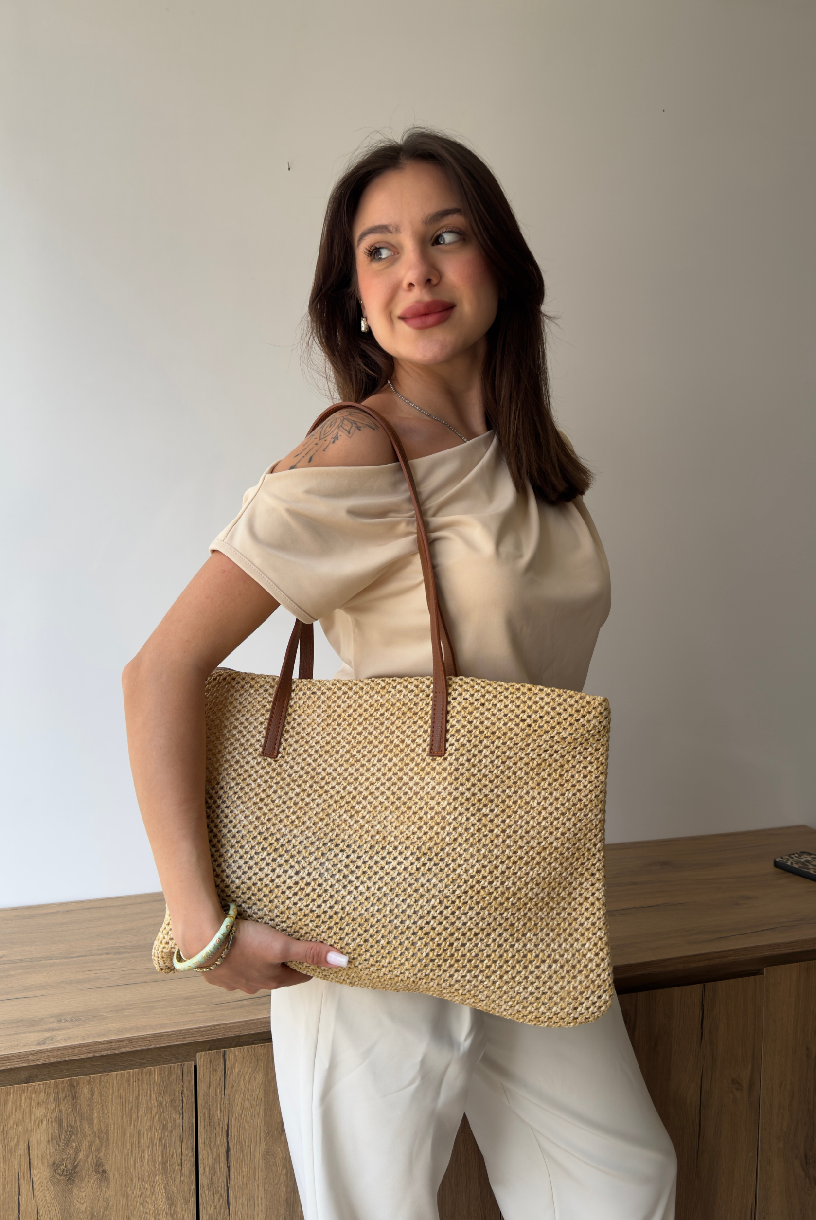 Kadın Hasır El ve Omuz Çantası CAMEL HASIR