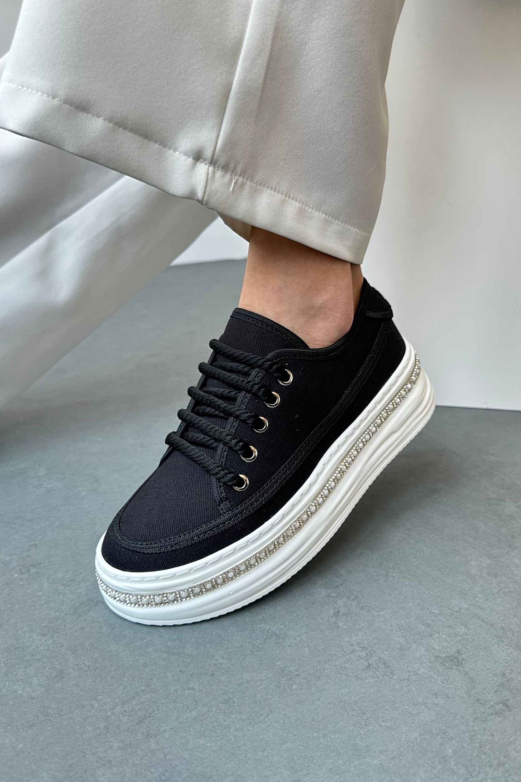 Kadın Taşlı Spor Ayakkabı SİYAH KETEN