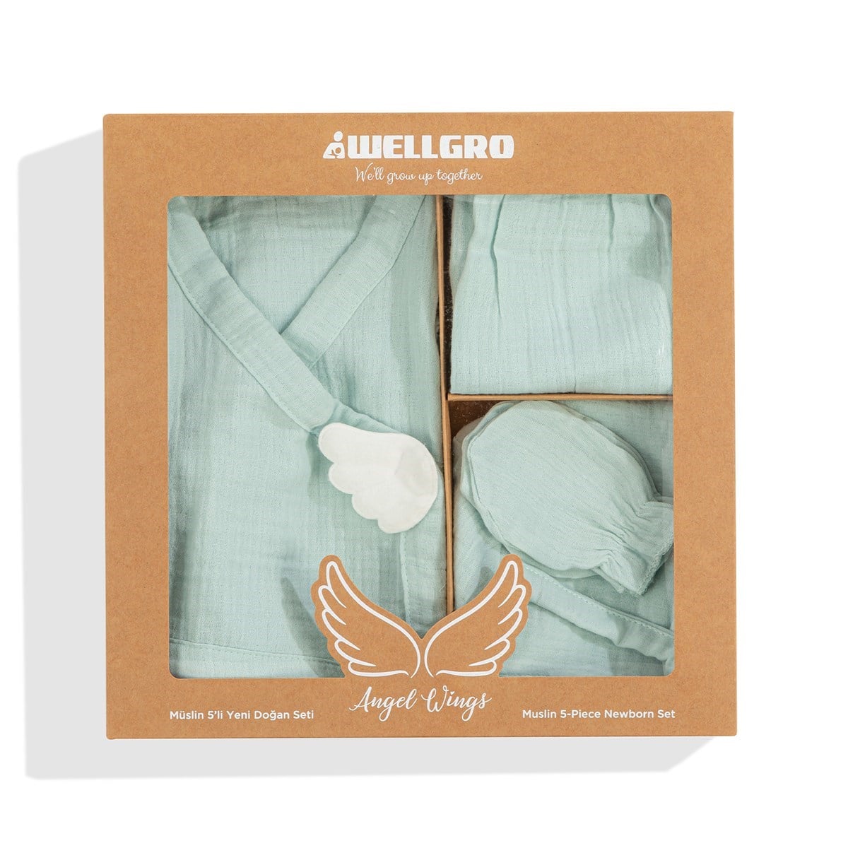 Wellgro Angel Wings Hastane Çıkışı Müslin 5li Yeni Doğan Seti-Mint