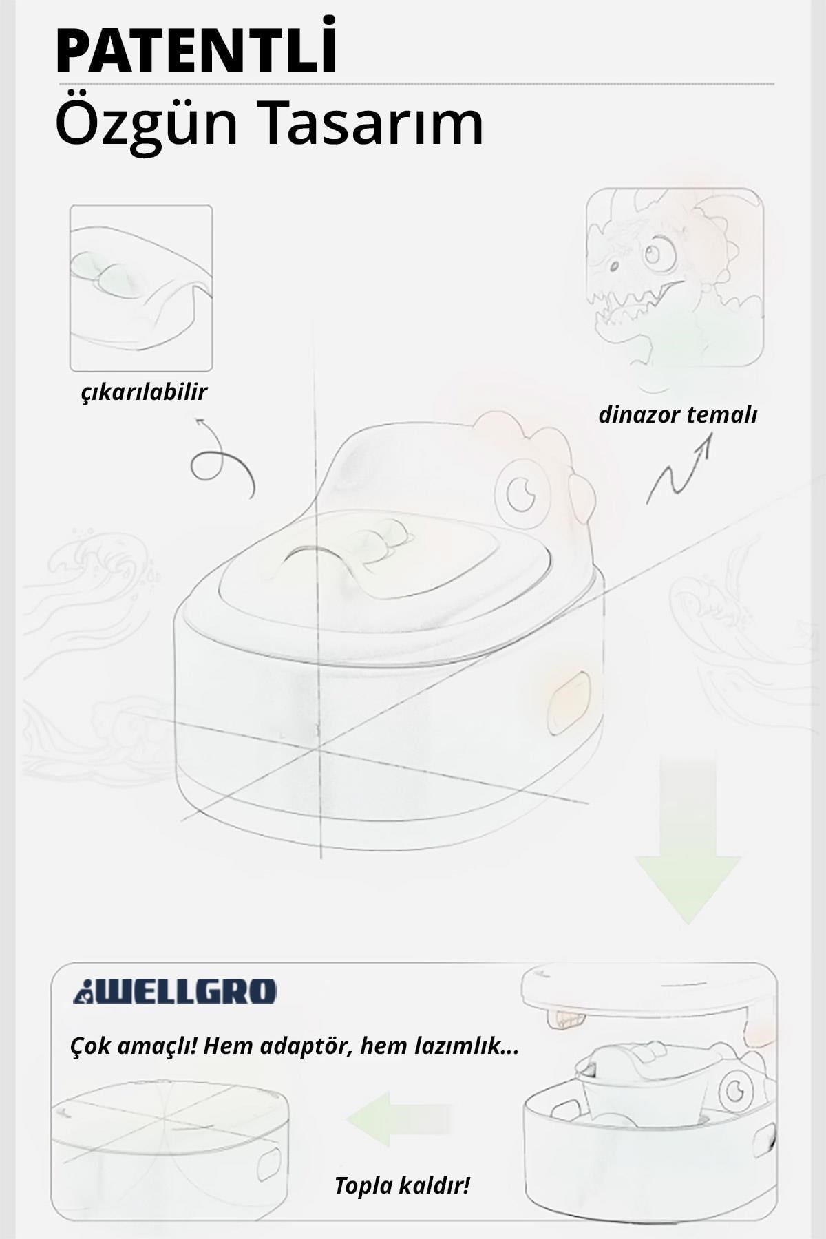 Wellgro Dino 2si 1 Arada Bebek Lazımlık ve Tuvalet Adaptörü - Gri