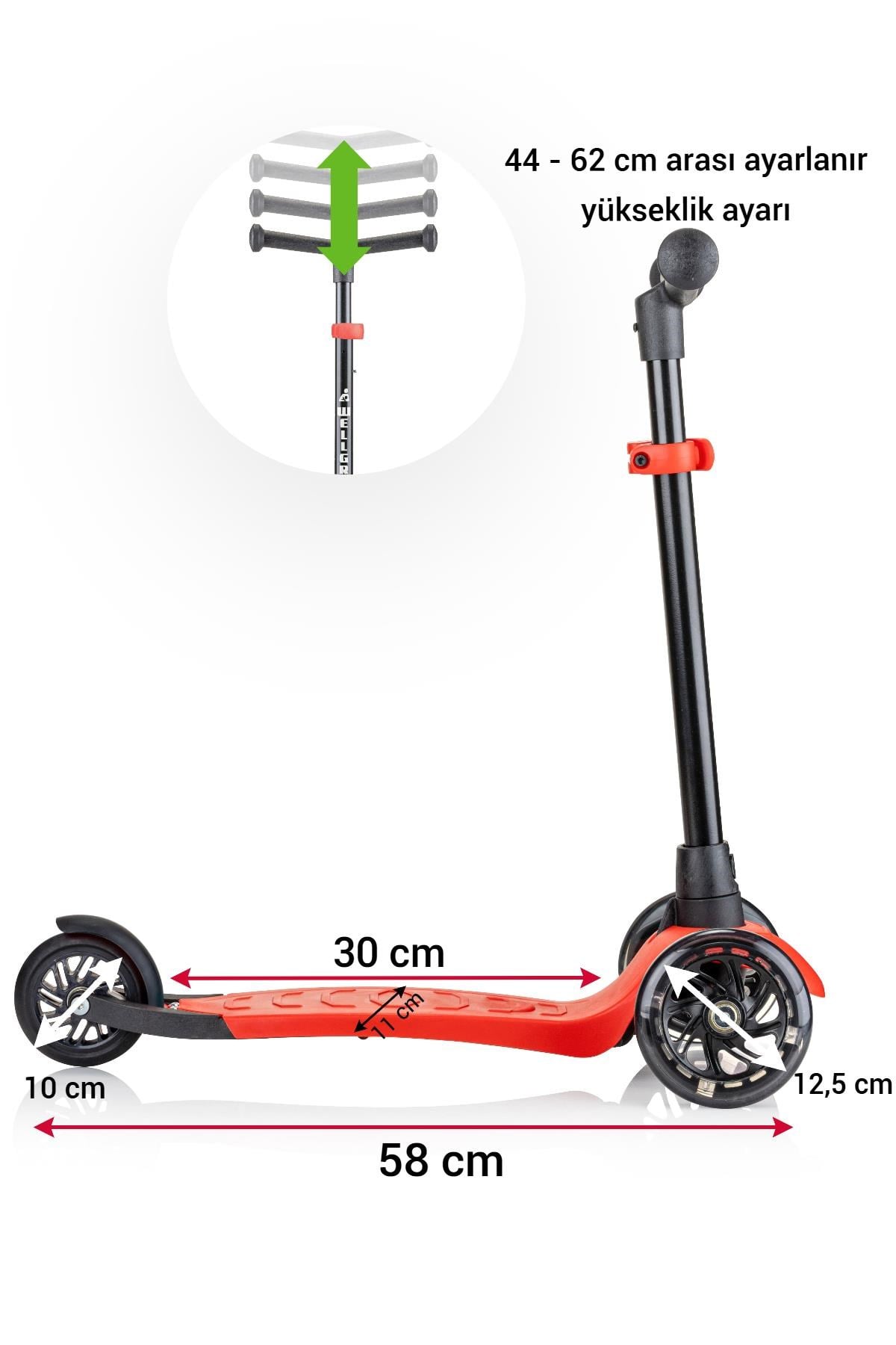 Wellgro Işıklı Scooter, Ayarlanabilir yükseklik, Ön Tekerleri Işıklı, Kırmızı