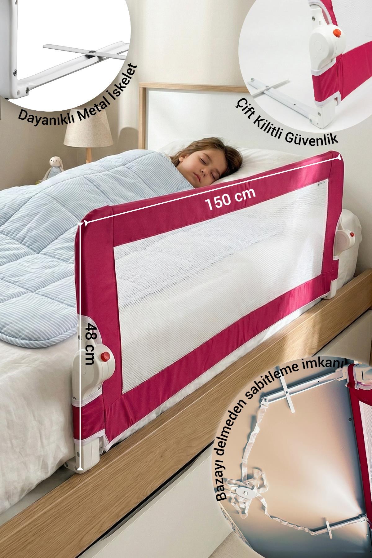 Wellgro Littles 150*48 cm Pembe Yatak Bariyeri, Çocuk Yatak Korkuluğu