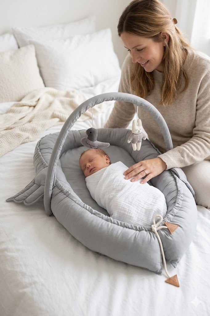 Wellgro Melek Kanatlı Anne Yanı Bebek Yatağı Babynest-Gri ,İlk Yatağım, Oyuncak Barlı Bebek Yuvası