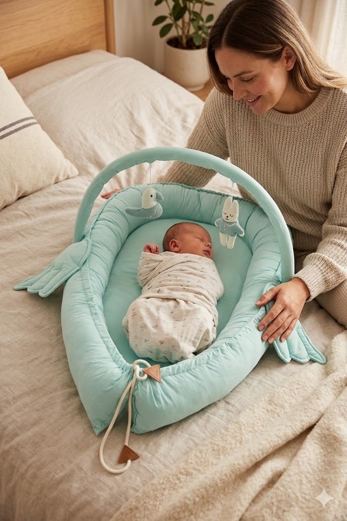 Wellgro Melek Kanatlı Anne Yanı Bebek Yatağı Babynest-Mint ,İlk Yatağım, Oyuncak Barlı Bebek Yuvası