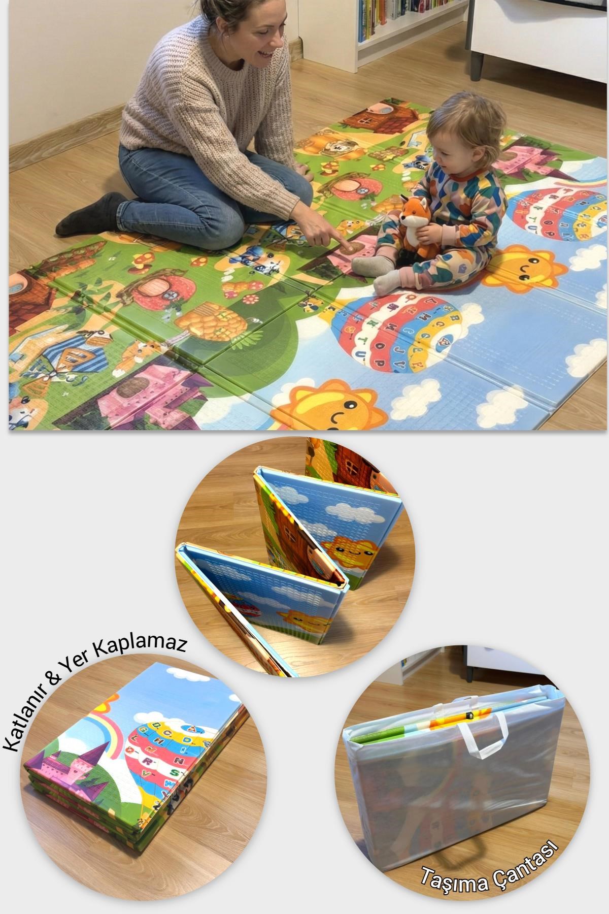 Wellgro Oyun Matı, 200x130x1 cm Çift Taraflı Katlanır Oyun Halısı 