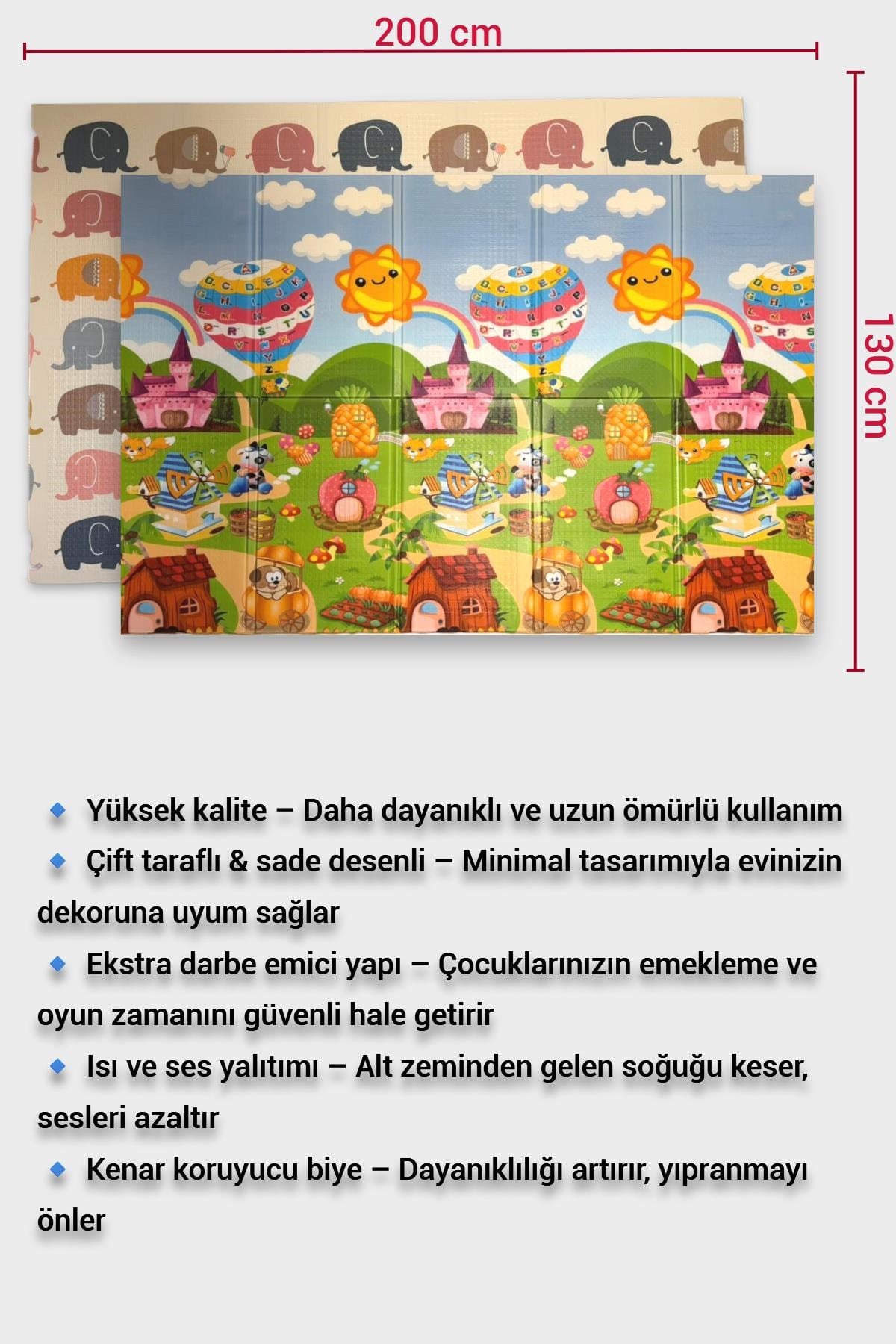 Wellgro Oyun Matı, 200x130x1 cm Çift Taraflı Katlanır Oyun Halısı 