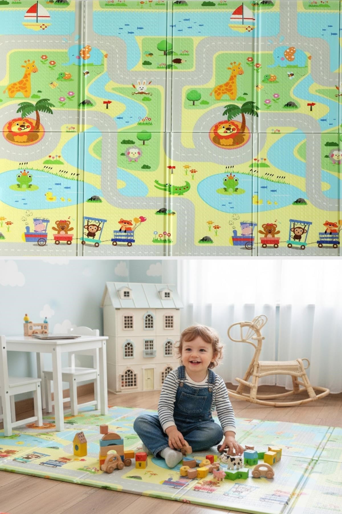 Wellgro Oyun Matı, 200x130x1 cm Çift Taraflı Katlanır Oyun Halısı 