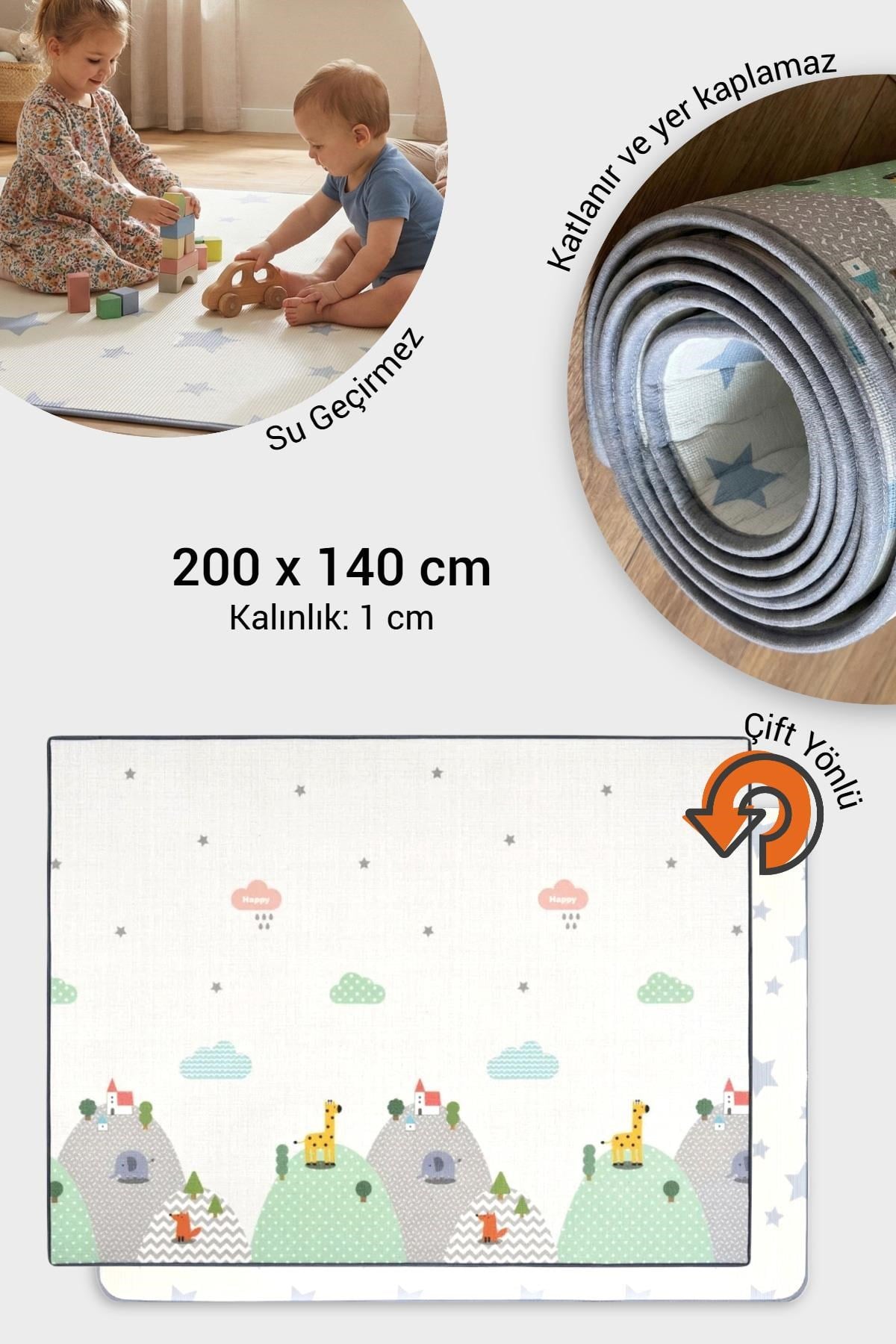 Wellgro Oyun Matı, 200x140x1 cm Çift Taraflı Rulo Oyun Halısı 