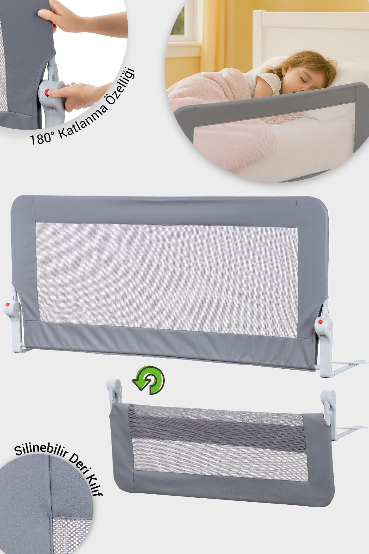 Wellgro Premium 120x65 cm Deri Kılıflı Yatak Bariyeri, Katlanır Yatak Korkuluğu, Gri